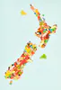 A staged photographic print of lollies in the shape of the New Zealand map by artist Adam Popovic, available at The Little Gallery Whangamata